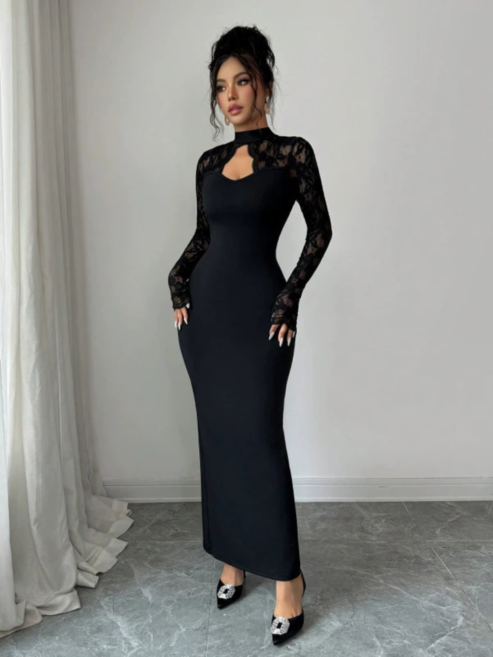 Mock Neck Cutout Tie Long Sleeve Slim Fit Side Slit Maxi Dress